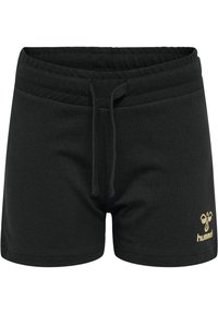 Svarta sportshorts i mjuk bomull, med resårmidja och dragsko samt en liten gullogotyp på nedre högra sidan.