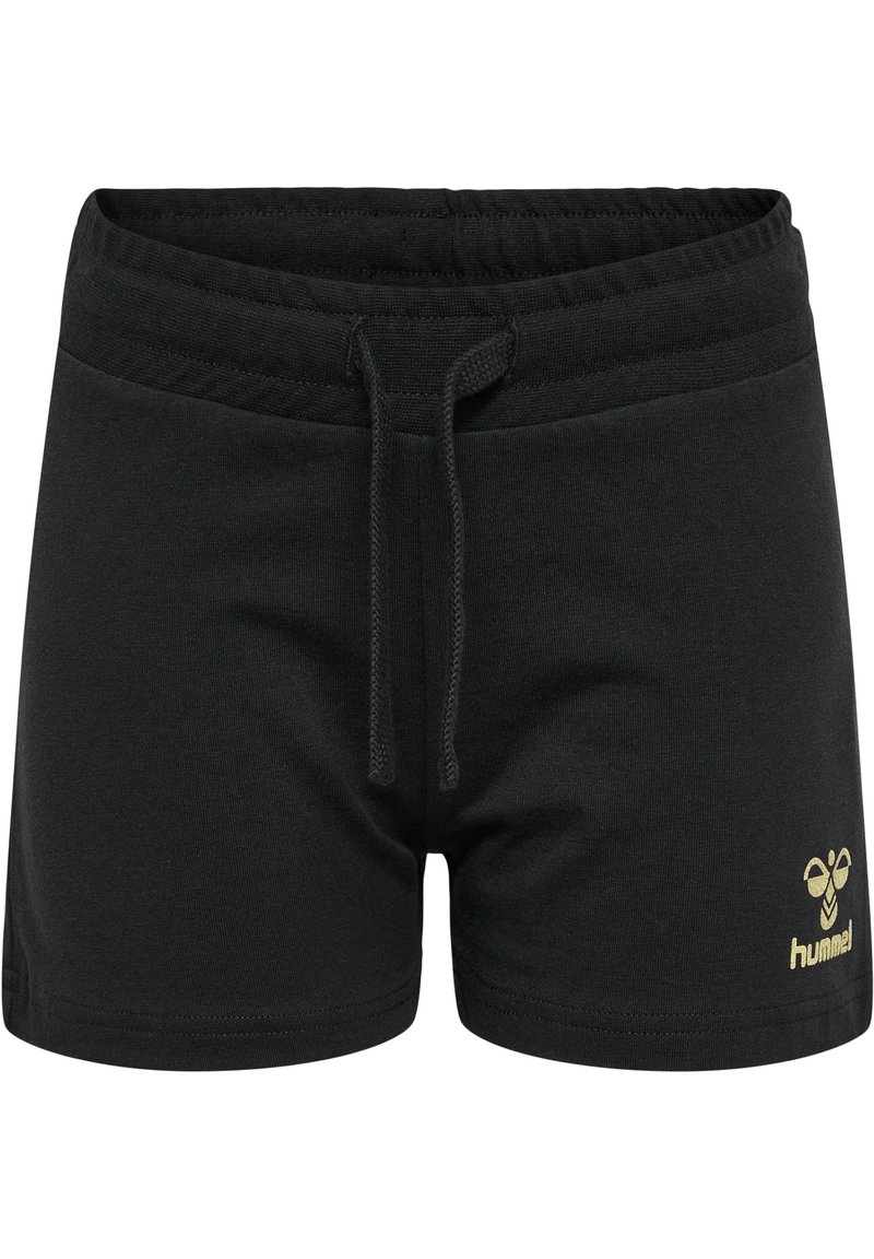 Svarta sportshorts i mjuk bomull, med resårmidja och dragsko samt en liten gullogotyp på nedre högra sidan.