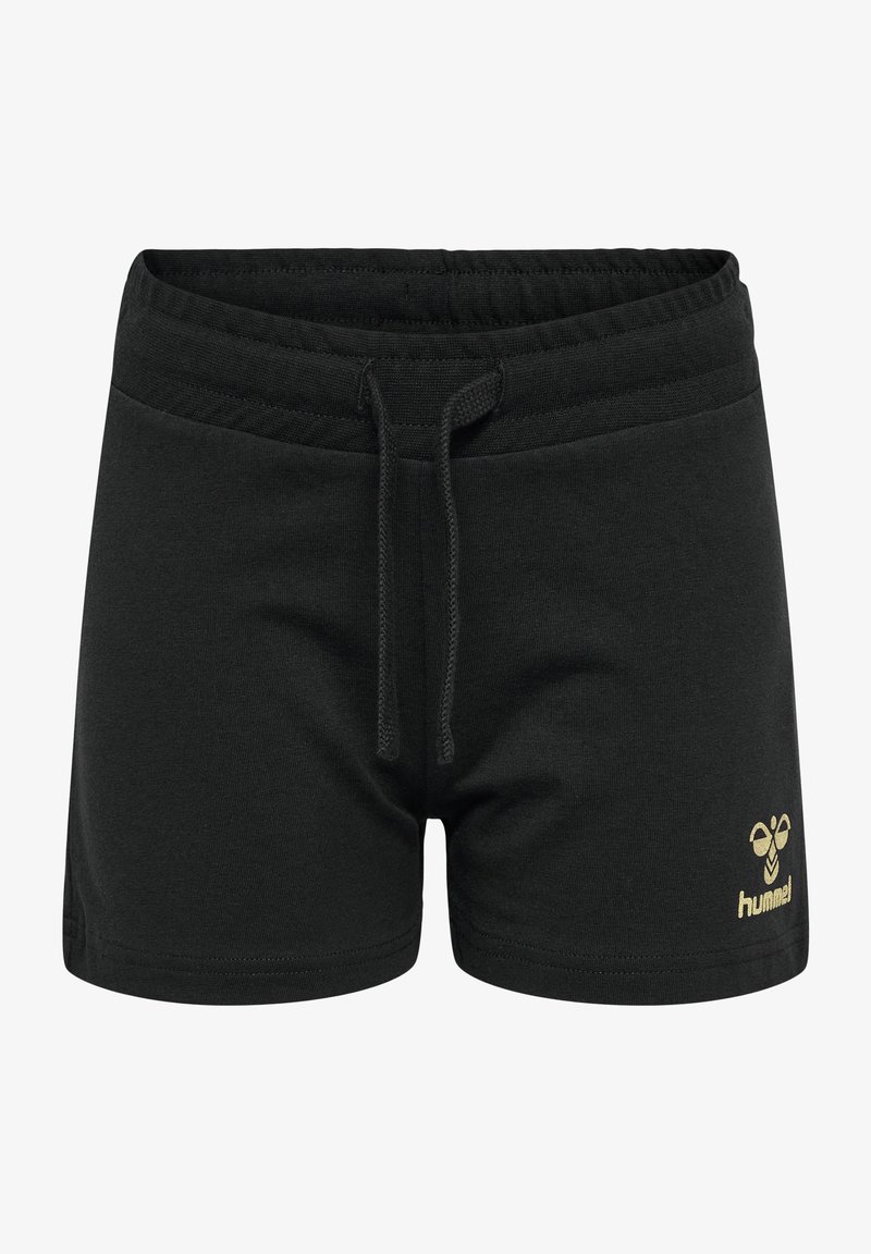 Schwarze Sportshorts aus weichem Baumwollmaterial, ausgestattet mit einem elastischen Taillenbund mit Kordelzug und einem kleinen goldenen Logo an der unteren rechten Seite.