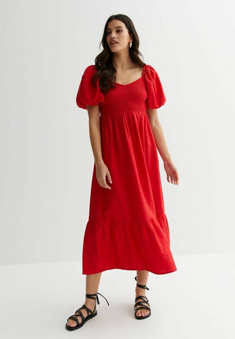 New Look SHIRRED SWEETHEART PUFF SLEEVE Robe de jour red/rouge