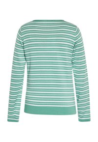 Tricou cu mânecă lungă de culoare verde mentă cu dungi albe, având un gât rotund și mansete ribbate. Materialul pare moale și texturat.