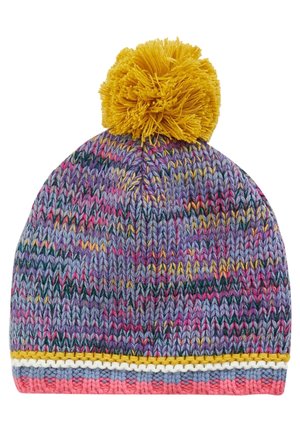 Bonnet d'hiver tricoté multicolore avec un grand pompon jaune et un bord rayé rose, bleu, blanc et jaune.
