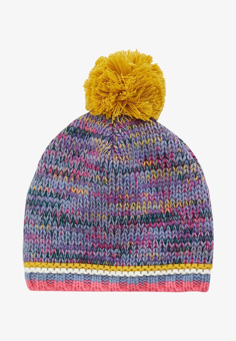 Bonnet d'hiver tricoté multicolore avec un grand pompon jaune et un bord rayé rose, bleu, blanc et jaune.