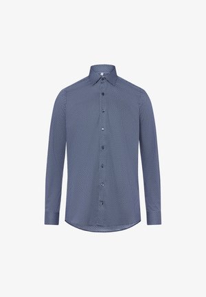 Langärmliges, knöpfbares Hemd in Marineblau mit geometrischem Muster, aus leichtem Stoff gefertigt. Verfügt über einen klassischen Kragen und eine normale Passform.