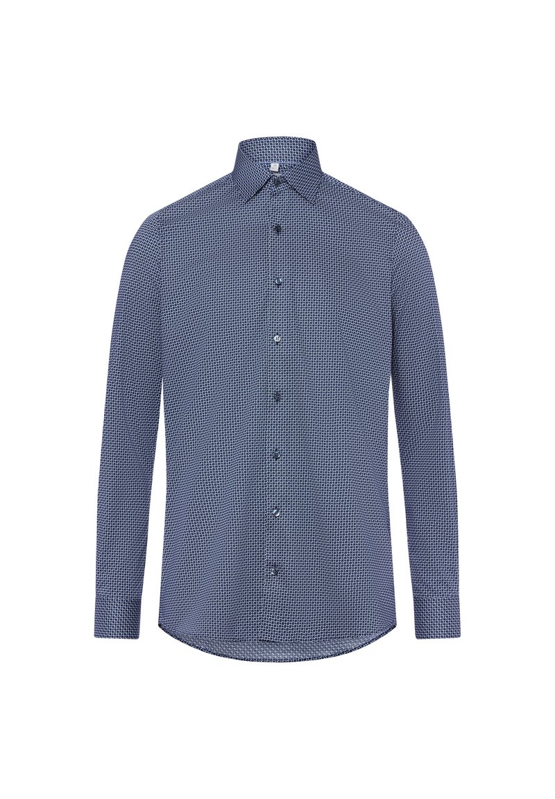 Langärmliges, knöpfbares Hemd in Marineblau mit geometrischem Muster, aus leichtem Stoff gefertigt. Verfügt über einen klassischen Kragen und eine normale Passform.
