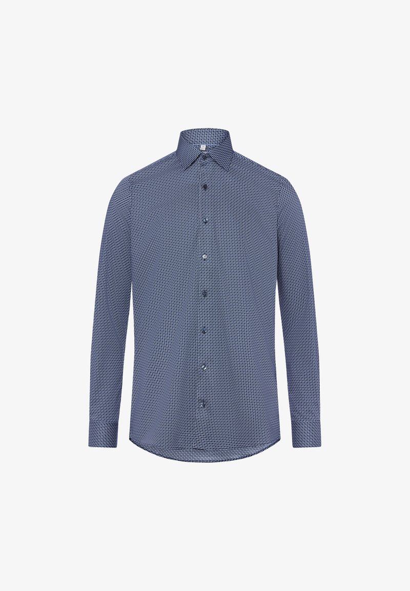 Langärmliges, knöpfbares Hemd in Marineblau mit geometrischem Muster, aus leichtem Stoff gefertigt. Verfügt über einen klassischen Kragen und eine normale Passform.