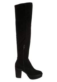 Botas negras hasta la rodilla, hechas de un tejido suave, con un tacón de plataforma grueso, cremallera lateral y superficie texturizada.