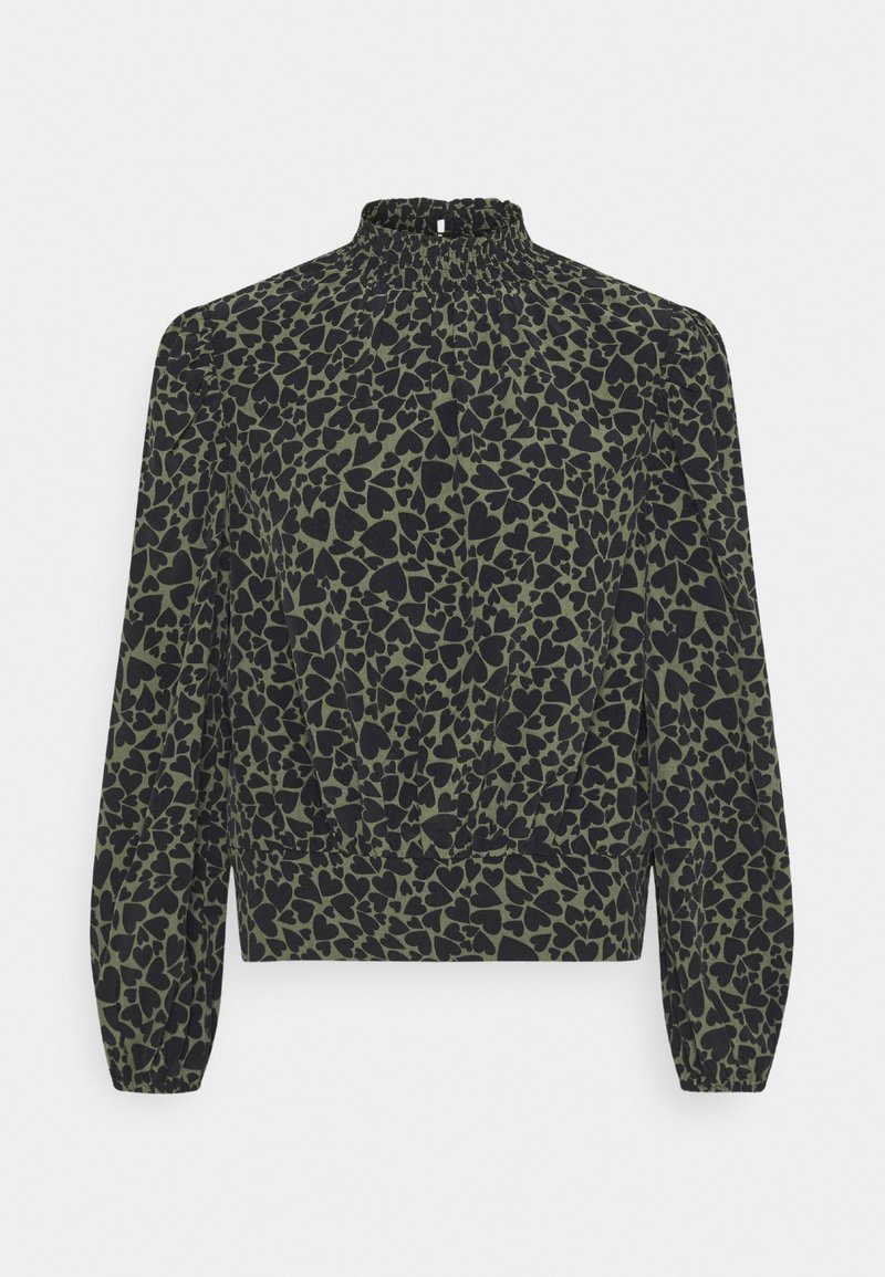 Mönster av svarta hjärtan på mörkgrön tyg, långa ärmar, hög hals med samlad detalj och elastisk midja.