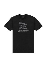 Camiseta de algodón negra con texto gris que dice "EL NEGRO ES MI COLOR FELIZ" en una fuente audaz y ondulada. Diseño clásico de cuello redondo.