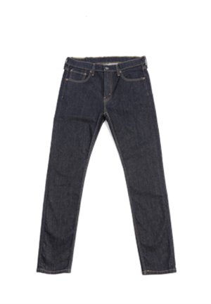 Donkerblauwe spijkerbroek met een slim fit, vijf-pocket ontwerp, riemlussen en contrasterende stiksels. Heeft een gladde textuur en een klassieke afwerking.