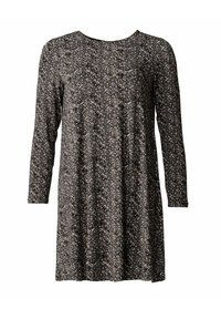 Robe à manches longues en tissu doux, avec un motif foncé et des accents blancs, décolleté rond et silhouette en A.