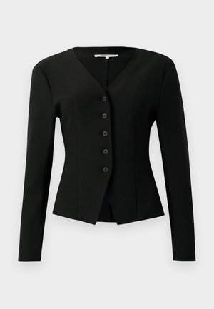 Black fitted long-sleeve blazer with V-neck, five buttons down the front, and slightly flared hem.