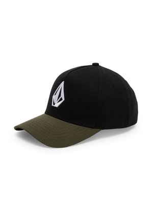 Casquette de baseball noire avec une visière courbée vert foncé et un logo géométrique blanc sur la partie avant, présentée sur fond blanc.