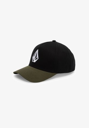 Casquette de baseball noire avec une visière courbée vert foncé et un logo géométrique blanc sur la partie avant, présentée sur fond blanc.