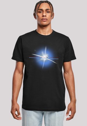 Black cotton t-shirt featuring a blue and white graphic design with text "KENNEDY SPACE CENTER" in red, crew neck, short sleeves.