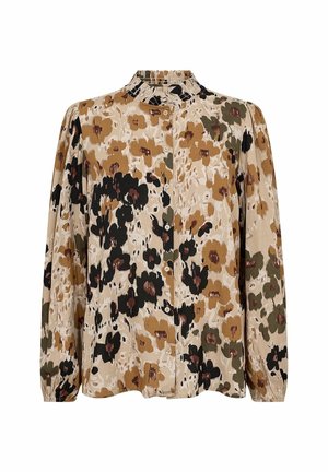 Bluse mit Knopfleiste aus beigem Stoff mit floralem Muster in Braun-, Grün- und Schwarztönen. Verfügt über einen hohen Kragen und lange Ärmel.