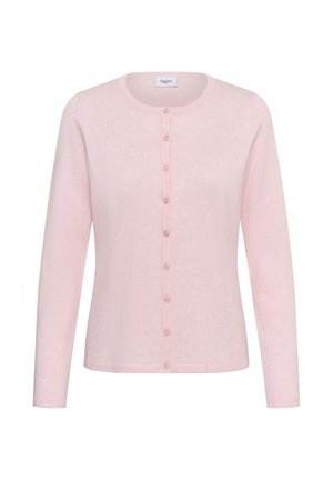 Cárdigan de mujer en rosa claro, con mangas largas y cuello redondo, que cuenta con un cierre frontal de siete botones.