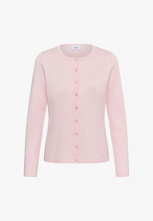 Svetlo roza ženski kardigan z dolgimi rokavi in okroglim izrezom, z zapenjanjem spredaj na sedem gumbov.