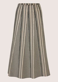A-lijn midirok met hoge taille en zwart-beige verticale gestreepte geometrische print en plooien.