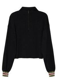 Sweat-shirt noir coupé avec un col haut et une fermeture éclair à mi-longueur. Il possède des manches longues avec des accents rayés verts et rouges aux poignets.