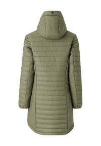 Olivengrøn isoleret jakke med hætte, der har vandret quiltet design, glat tekstur og rundet kant for ekstra dækning.