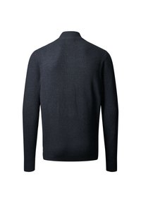 Pull en maille gris foncé à manches longues avec poignets, ceinture et col montant côtelés, vu de dos sur fond blanc.
