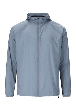 Hellblauer Kapuzen-Windbreaker mit frontalem Reißverschluss und dezentem "Endurance"-Logo auf der Brust, gefertigt aus glattem, leichtem Stoff.