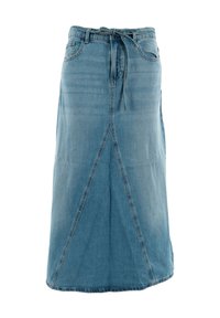 Lichtblauwe denim rok van gemiddelde lengte met een trekkoord in de taille, rechte snit en paneel details aan de voorkant. Geen zichtbare zakken.