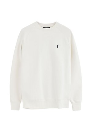Sudadera blanca de manga larga con cuello redondo, puños y dobladillo acanalados, con un pequeño logo negro de jugador de polo en el pecho izquierdo.