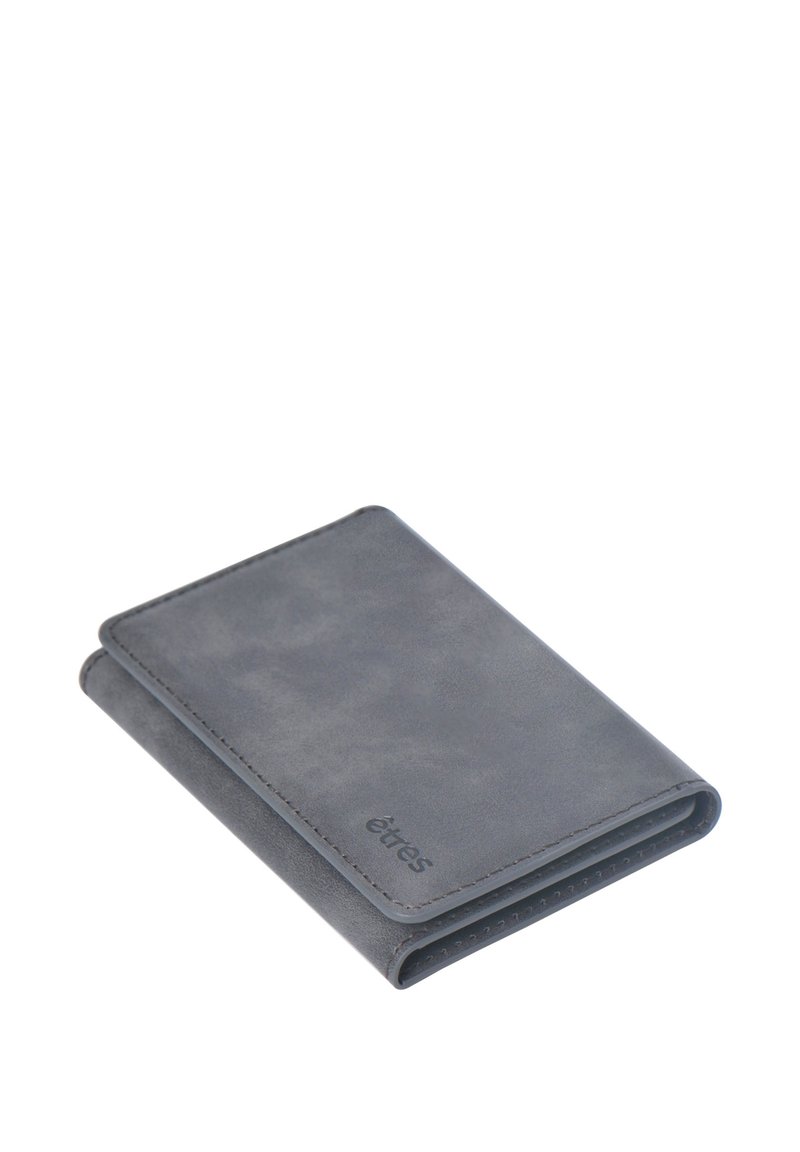 Gray leather wallet with a minimalist design. Features stitched edges and a logo embossed on one side. Sleek and rectangular shape.