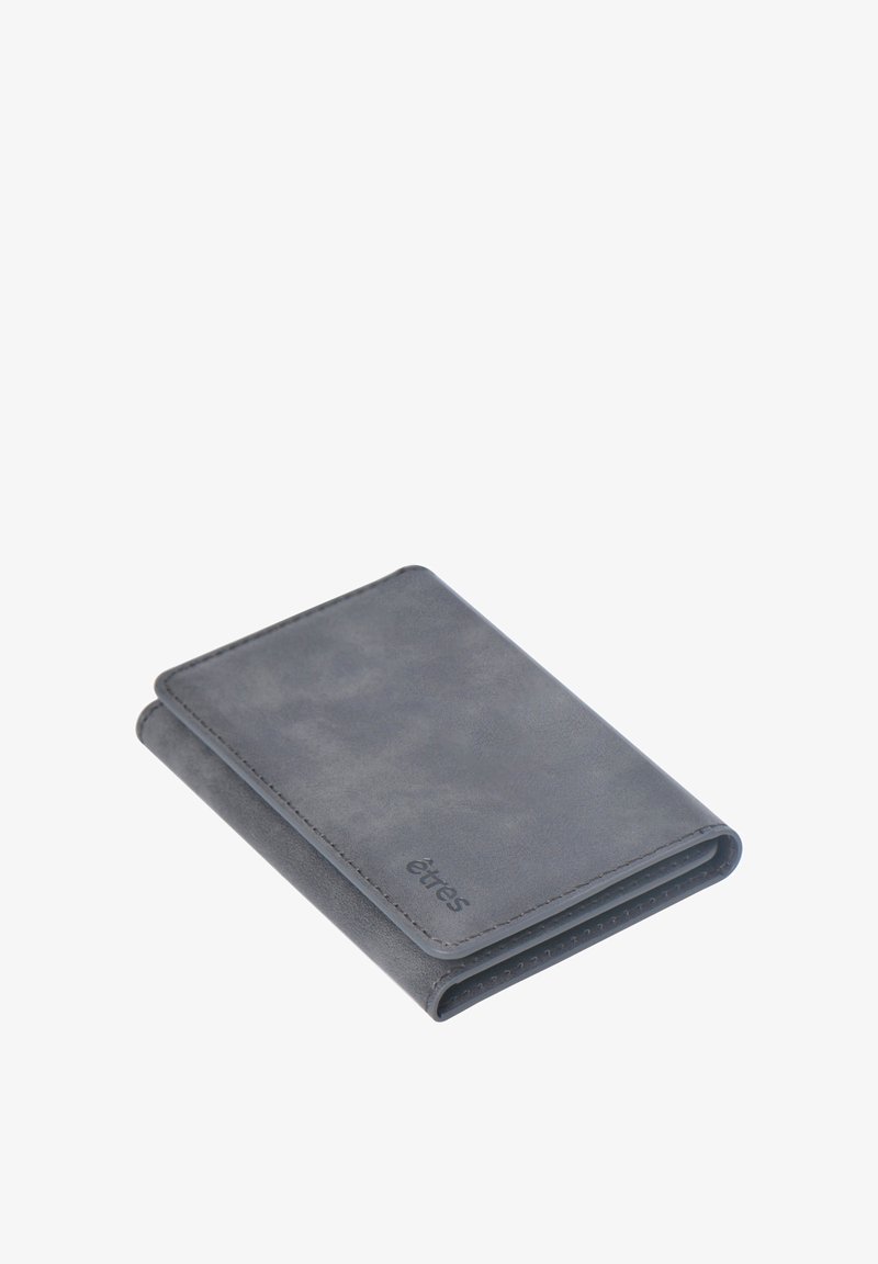 Grauer Leder Geldbeutel mit minimalistischer Gestaltung. Verfügt über genähte Kanten und ein auf einer Seite geprägtes Logo. Schlanke und rechteckige Form.