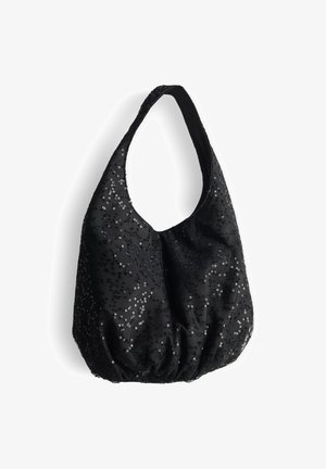 Schwarze, mit Pailletten besetzte Handtasche mit einer weichen, runden Form, gerafftem Boden und einem einzelnen breiten Trageriemen. Die Oberflächenstruktur besteht aus schimmernden Pailletten.