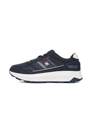 Sneaker blu navy con suola bianca, logo Beverly Hills Polo Club sul lato e sul tallone, materiale in mesh e pelle, design con lacci.