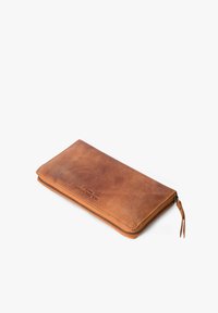 Brown leather zip-around wallet with embossed brand name and stitched edges on white background.