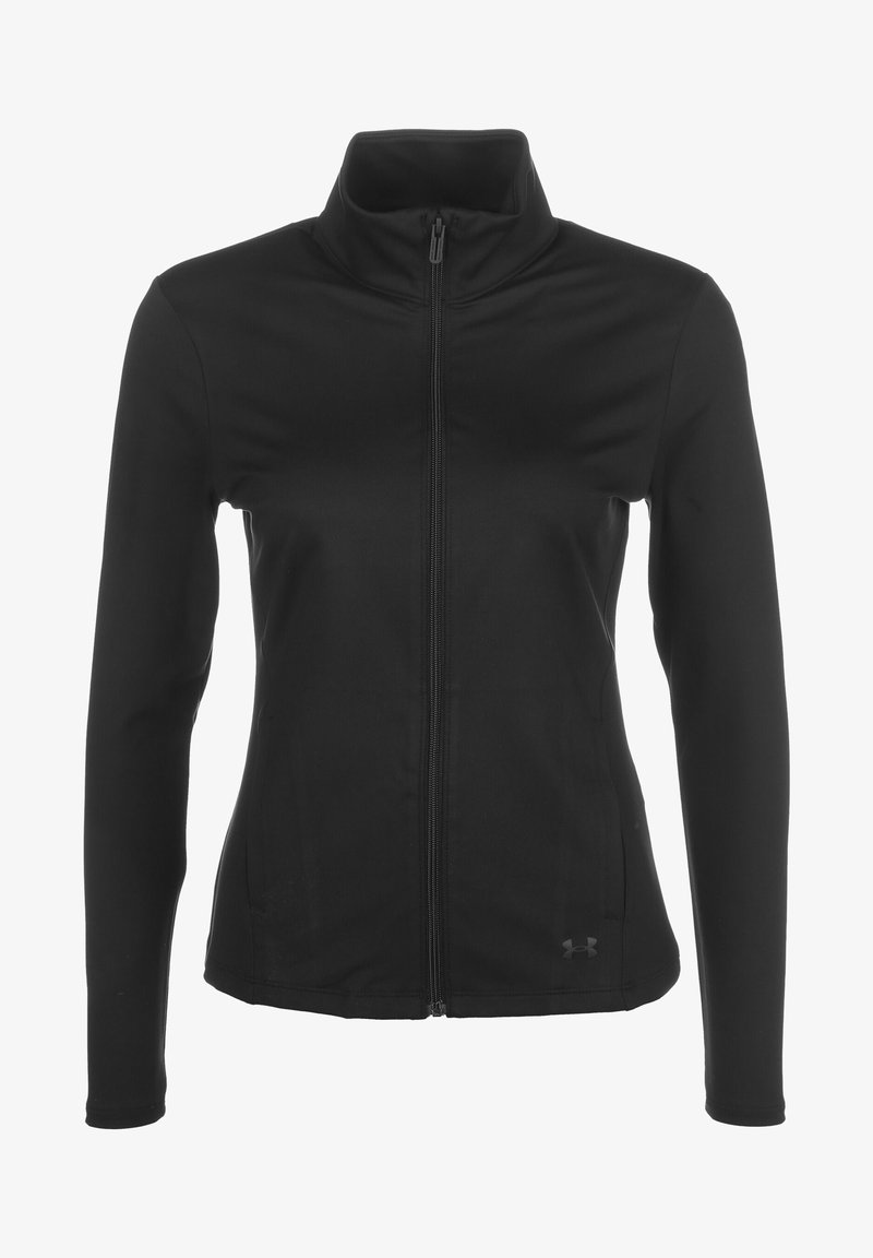 Svart zip-up jacka med hög krage, långa ärmar, gjord av slät, elastisk tyg; har en subtil logotyp på nedre fronten.