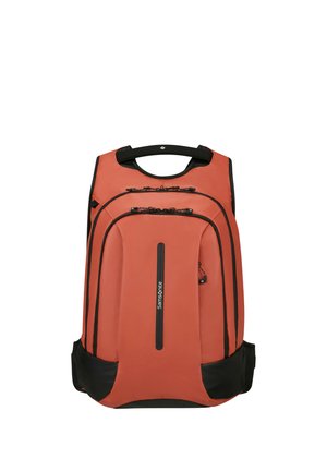 Orange and black Samsonite backpack with multiple zippered compartments and padded handle for carrying.