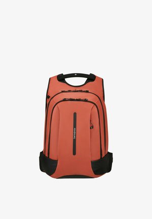 Orangener und schwarzer Samsonite-Rucksack mit mehreren Reißverschlussfächern und gepolstertem Tragegriff.