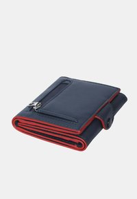 Navy blue leather wallet with red accents, bi-fold design, silver zipper pocket, and snap closure. Smooth texture with stitched detail.