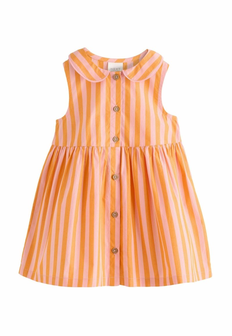 Robe sans manches pour tout-petit avec des rayures verticales roses et oranges, fermeture boutonnée sur le devant et col rond style Peter Pan.