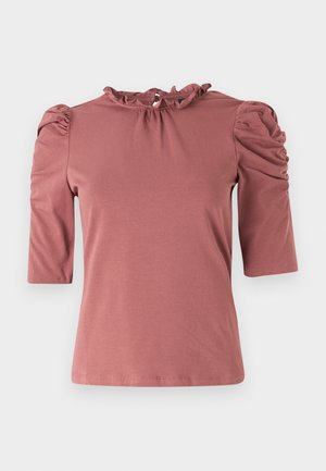 Rose pink, short-sleeve top with a gathered neckline and puffed shoulders. Made of smooth fabric with a fitted silhouette.