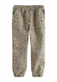 Tepláky s leopardím vzorem, elastickým pasem, bočními kapsami, zúženými nohavicemi a měkkou, strukturální tkaninou v béžové a tmavě hnědé barvě.