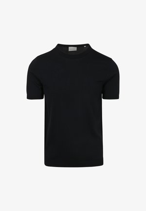 Black short-sleeve round-neck T-shirt made of smooth cotton blend fabric, featuring a clean design with no visible patterns or accents.