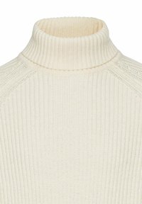 Cremfarbener Rollkragenpullover mit gerippter Textur, der ein tailliertes Design aufweist und kontrastierende Rippakzente am Hals und an den Schultern hat.