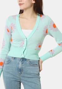 Cardigan verde chiaro con motivo floreale rosa e arancione, dotato di scolla a V, maniche lunghe e chiusura con bottoni. Texture a coste sull'orlo.