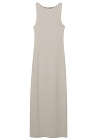 Robe maxi sans manches en tissu beige clair, avec un col rond et une silhouette droite, texture lisse, et sans motifs visibles.