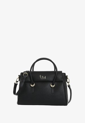 Borsa a mano in pelle nera con design strutturato, manici superiori e tracolla staccabile. Presentaaccessori in tono oro e logo impresso.