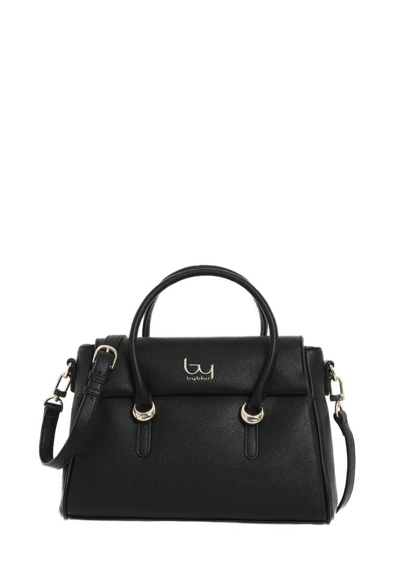 Borsa a mano in pelle nera con design strutturato, manici superiori e tracolla staccabile. Presentaaccessori in tono oro e logo impresso.