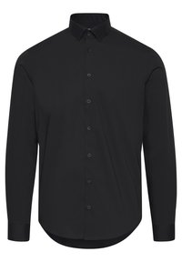 Schwarzes Langarmshirt aus glattem Stoff, mit einem Button-Down-Kragen und Frontknöpfen, abgerundetem Saum und taillierter Passform.