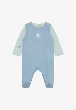 Hellblauer, gerippter Baby-Spielanzug mit langen mintgrünen Ärmeln, die kleine Schildkrötenmotive zeigen, und einer zentralen Schildkrötenstickerei auf der Brust.