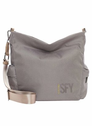 Gray textured crossbody bag with adjustable beige strap and small side pockets, featuring subtle yellow brand text near the bottom.
